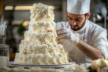 Baker decorating a delicious cake, carefully adding intricate details to make it visually stunning and mouthwatering, Generative AI