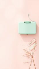 Naklejka premium Pastel Pink Still Life Composition with Mint Suitcase, Delicate Sprigs and Minimalist Paper Embellishments on a Blush Surface