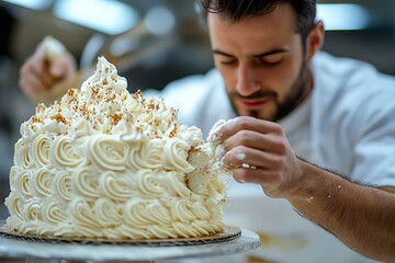 Baker decorating a delicious cake, carefully adding intricate details to make it visually stunning and mouthwatering, Generative AI