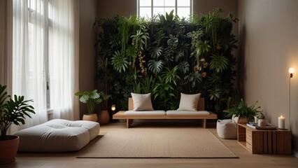 Minimal Zen Living Room with Indoor Vertical Garden, Floor Seating, and Soft Natural Light