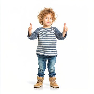 happy child boy showing thumbs up isolated on white background natural lighting casual clothing full body pose cheerful expression