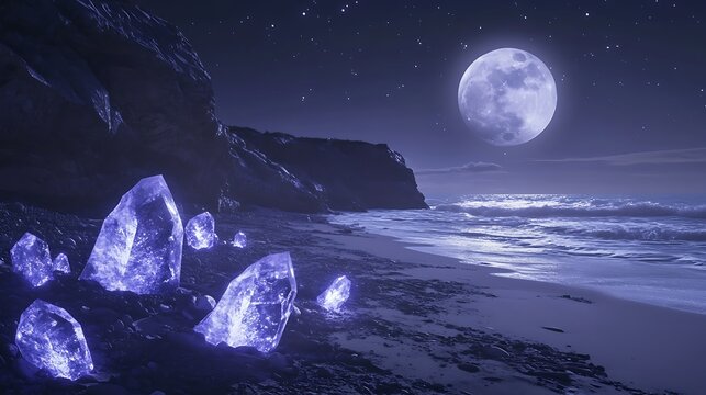 Glowing crystals on a moonlit beach
