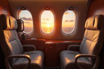A first class area in a business jet with the sunset through a window. 3d rendering.