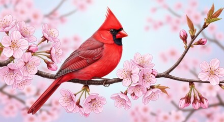Fototapeta premium A stunning red cardinal perches on a branch adorned with delicate pink cherry blossoms signaling the arrival of spring