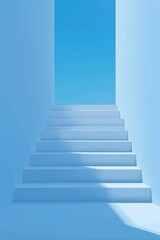 Fototapeta premium A minimalist vector illustration of white steps ascending towards a light blue sky, featuring a clear open door at the top that creates depth and transition into another space
