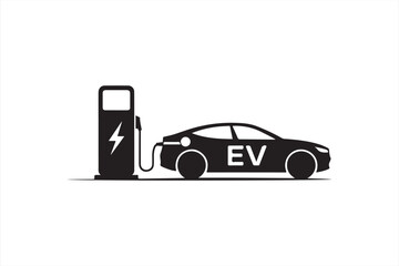 Electric car silhouette connected to a charging station in black and white vector format, suited for sustainability, transport tech, and clean energy visuals.