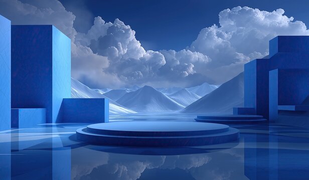 A modern 3D rendered abstract blue background featuring geometric shapes, podium, and scenic clouds with mountains, designed for minimalist product presentation and display