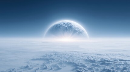 Surreal landscape featuring a distant planet rising above a soft, cloud-covered horizon, illuminated by a gentle glow, creating an ethereal and tranquil atmosphere in a vast, open space