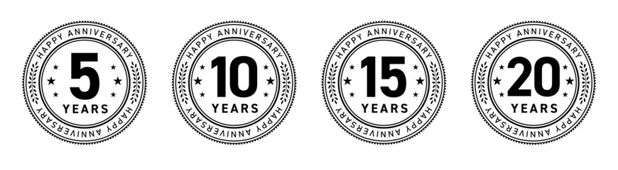 5周年・10周年・15周年・20周年のフラットなアニバーサリーメダルロゴセット（YEARS デザイン素材）


