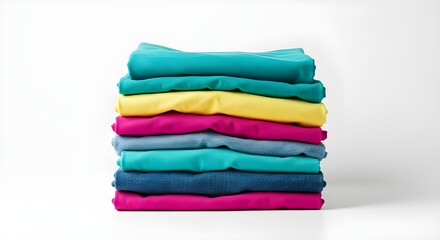 Stacked Folded Colorful Clothes on White Background