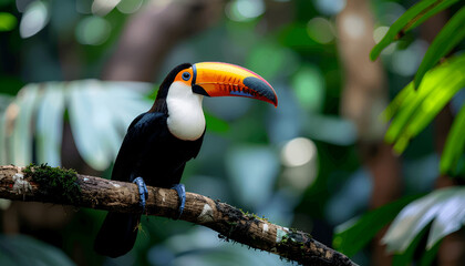 Obraz premium A colorful toucan perched on a tree branch in lush tropical rainforest. The bird's vibrant beak detail contrast beautifully with the blurred green background