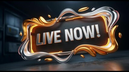 Animated 3D render of a dynamic Live Now sign with gold and silver accents for streaming and announcements