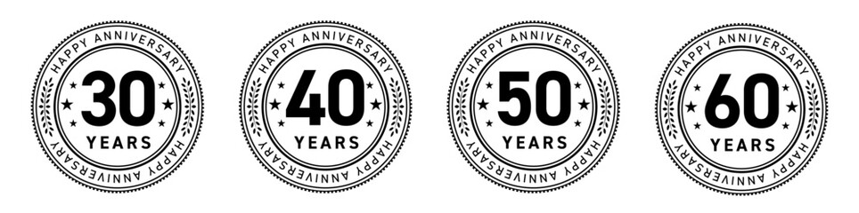 30周年・40周年・50周年・60周年のフラットなアニバーサリーメダルロゴセット（周年記念 ロゴマーク ベクター）

