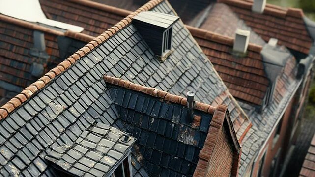 Dormer window emerging from dark roof tiles in european town