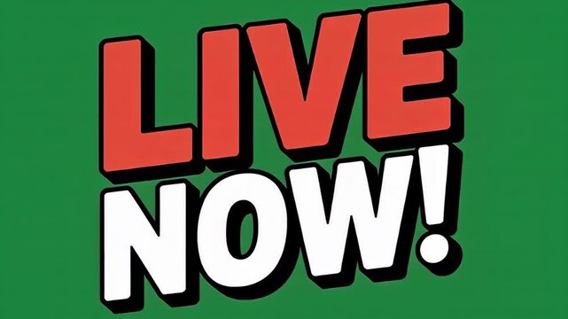 Animated live now banner with bold red and white text for streaming broadcasts and video announcements