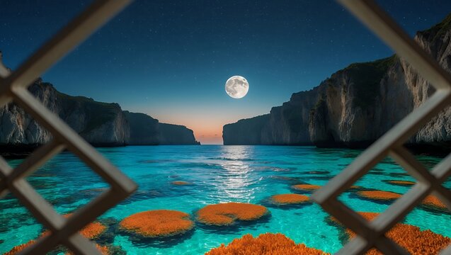 Fototapeta Viewing Tropical Island Lagoon with Moon Through Window Lattice