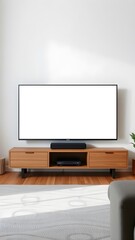 Fototapeta premium Television with large blank screen on stand. A television with a large blank screen placed on a stand in a clean and simple interior space for daily use.