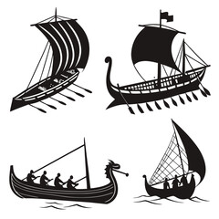 Ancient ships and boats with sails and oars sailing rowing
