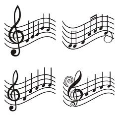 Black abstract musical notes and staff designs treble clef