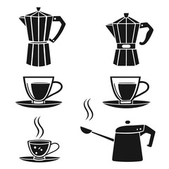 Black coffee makers and cups with steam mocha pot