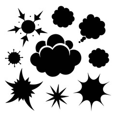 Black comic book explosion shapes and speech bubbles thought bubble burst
