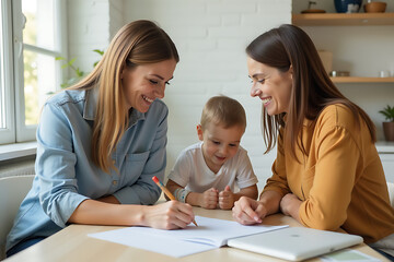 Two women and a child studying together at a table with books

