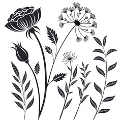 Black floral silhouettes with detailed leaves and delicate blooms botanical nature
