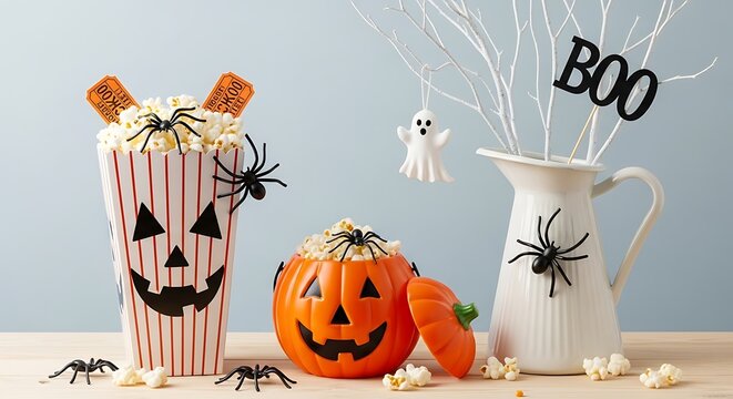 Festive halloween treats and decorations including popcorn a pumpkin and spooky spiders