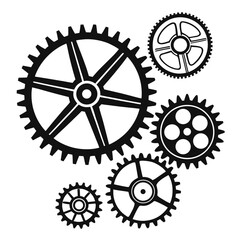 Black mechanical gears and cogs arranged in a dynamic composition machinery industry