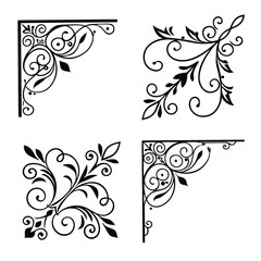 Black ornate floral corner designs with swirls and leaves vector