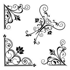 Black ornate floral corner designs with swirls and leaves vector