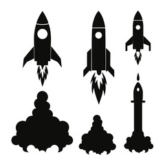 Black rocket silhouettes with fiery exhaust and smoke clouds space launch