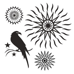 Black silhouette bird with starbursts and floral designs white parrot