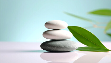 Obraz premium Zen stones and green leaves: a symbol of natural balance, harmony, and relaxation