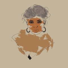This modern, stylized portrait features a woman with an intense stare. Delicate black linework sketches her hair and features, while abstract orange brushstrokes add a bold, expressive layer.