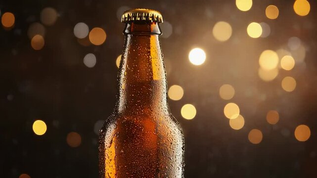 Refreshing brown beer bottle with condensation against blurred lights