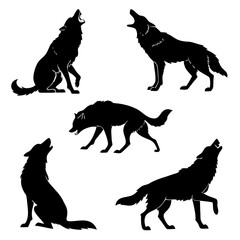 Black wolf silhouettes howling and standing on white background wolves