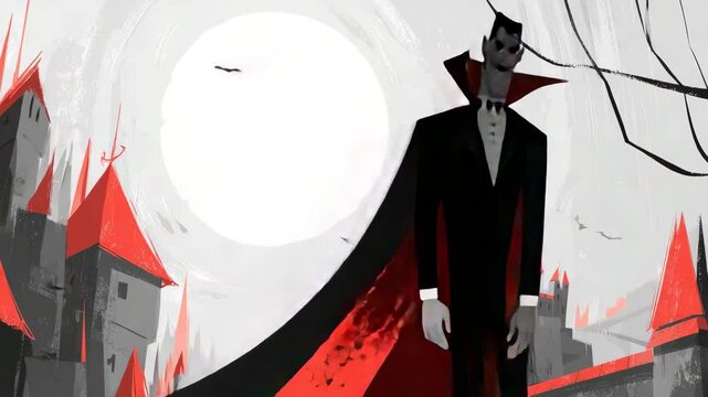 Illustration of a vampire standing in front of a mysterious castle with bats flying in a red sky. 