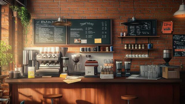 Cozy coffee shop interior with brick walls and sunlight streaming through window