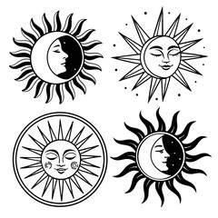 Celestial sun and moon faces with radiating rays cosmic