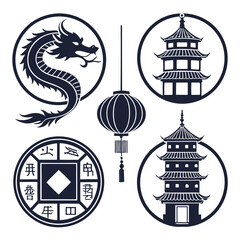 Chinese dragon pagoda lantern and coin symbols vector
