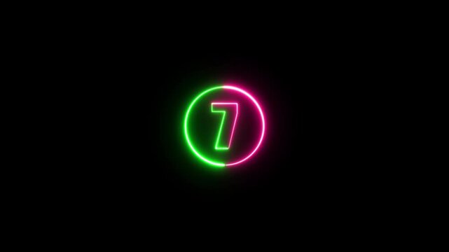 Glowing neon circle and number 7 animation on a black background. Abstract glowing neon number "7'' animation.