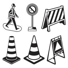 Construction worker safety signs traffic cones and barriers vector