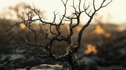 Burnt tree surviving in a desolate landscape at sunset