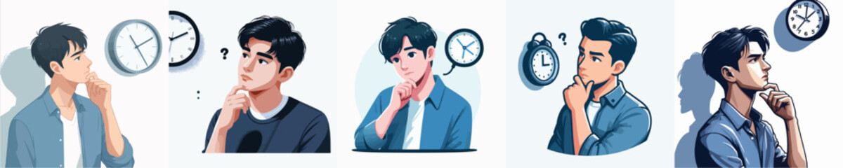 VECTOR IMAGE OF YOUNG MAN LOOKING AT CLOCK ON WHITE BACKGROUND