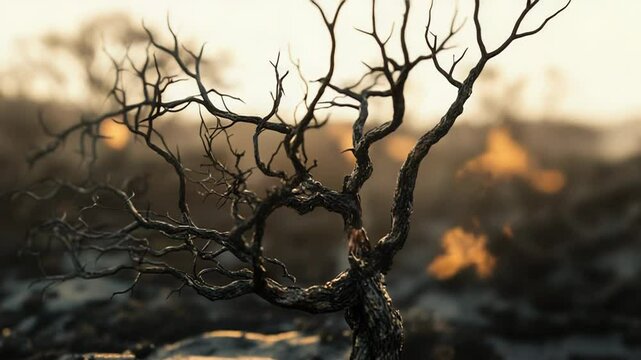 Burnt tree surviving in a desolate landscape at sunset