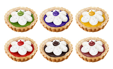 Colorful Mini Tart Desserts with Whipped Cream Flower Topping – Watercolor Digital Food Illustration