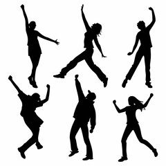 Diverse group celebrating with raised arms and dynamic poses celebration dancing