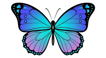 Fototapeta premium Playful blue butterfly illustration featuring heart shapes, scalloped edges, and vibrant gradient wings in shades of teal, purple, and blue — isolated on a transparent background.