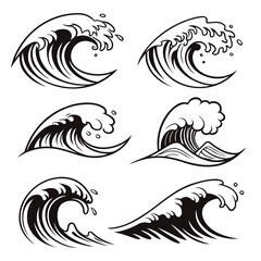 Dynamic ocean waves and water splashes in bold black ink surf cresting waves